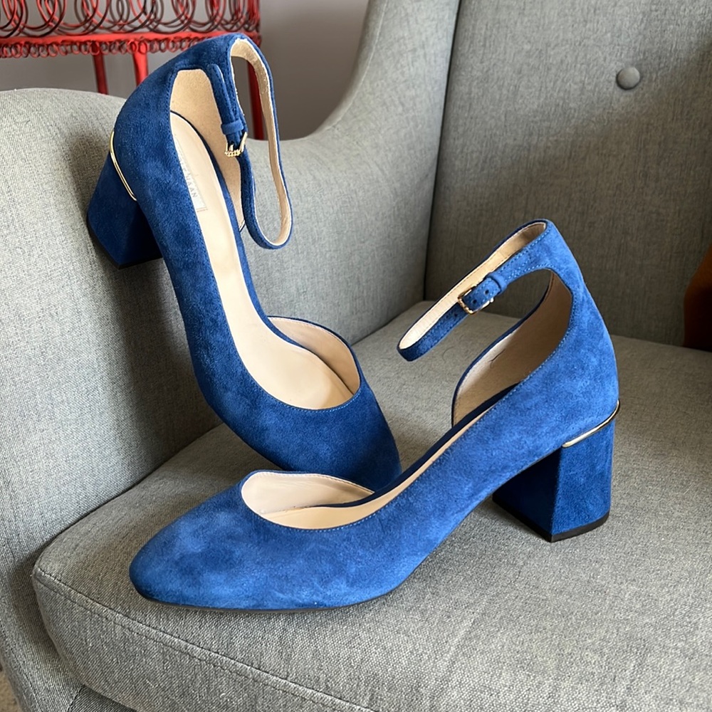 COLE HAAN Size 8 Blue Suede Warner gold accented Grand D’Orsay Ankle Strap Pumps
